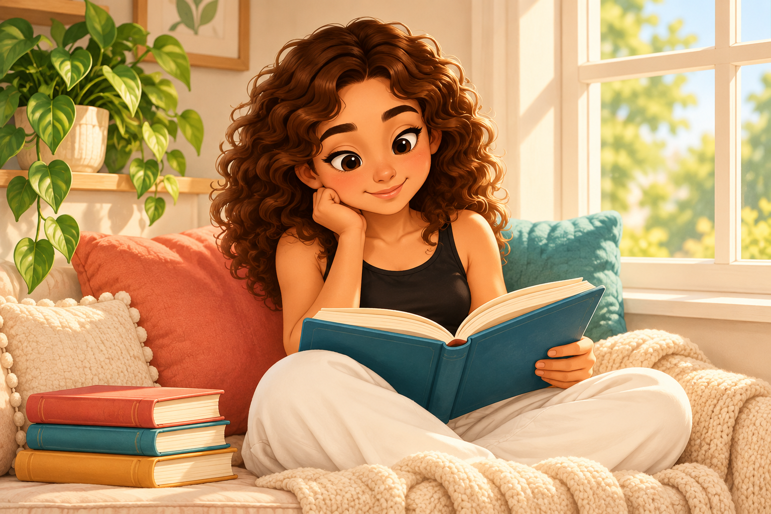 Ilustração da Ana Carolina lendo junto à janela