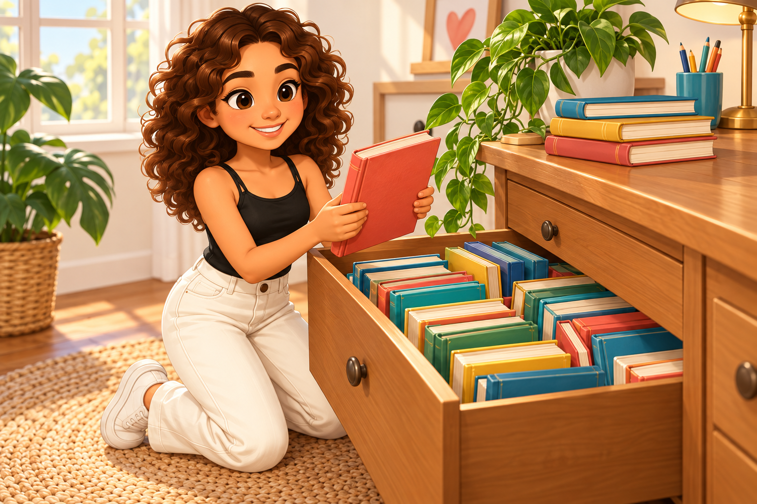Ilustração da Ana Carolina abrindo uma gaveta cheia de livros para doação — doar livros Curitiba